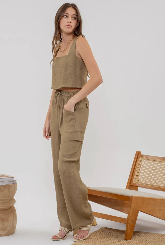 Leni Wide Leg Cargo Pants (Olive)