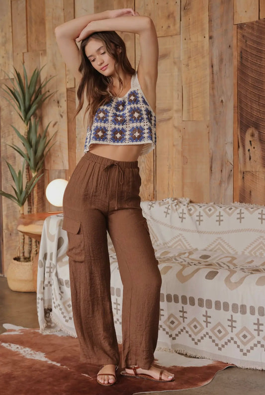 Leni Wide Leg Cargo Pants (Brown)